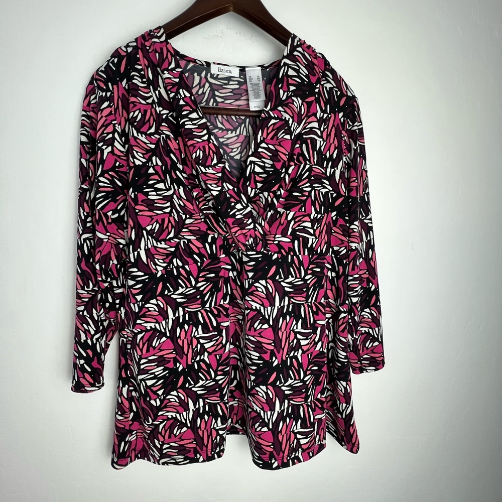 Liz & Co. Pink Black Leaf Print Stretch Tunic Top Women’s XL Long Sleeve